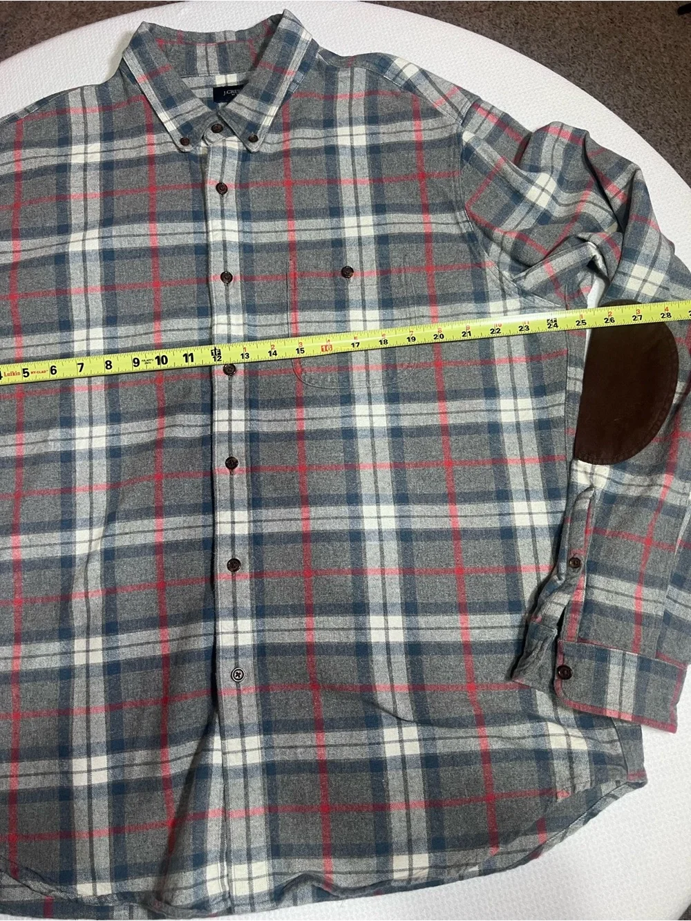 J. Crew Men's Gray Plaid Button-Up 100% Cotton Shirt with Brown Elbow Patches XL